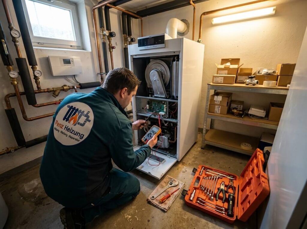 Heizungsinstallateur von Penz Heizung arbeitet an einer Heizungsanlage