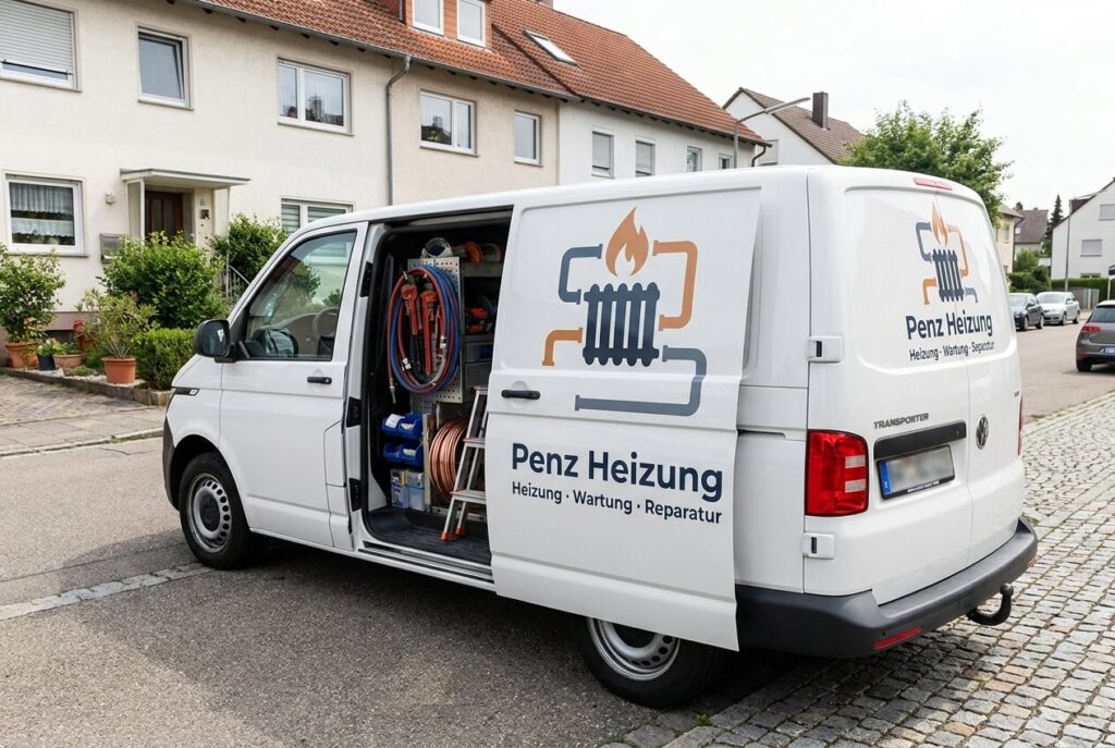 Gebrandetes Servicefahrzeug von Penz Heizung vor einem Wohngebäude