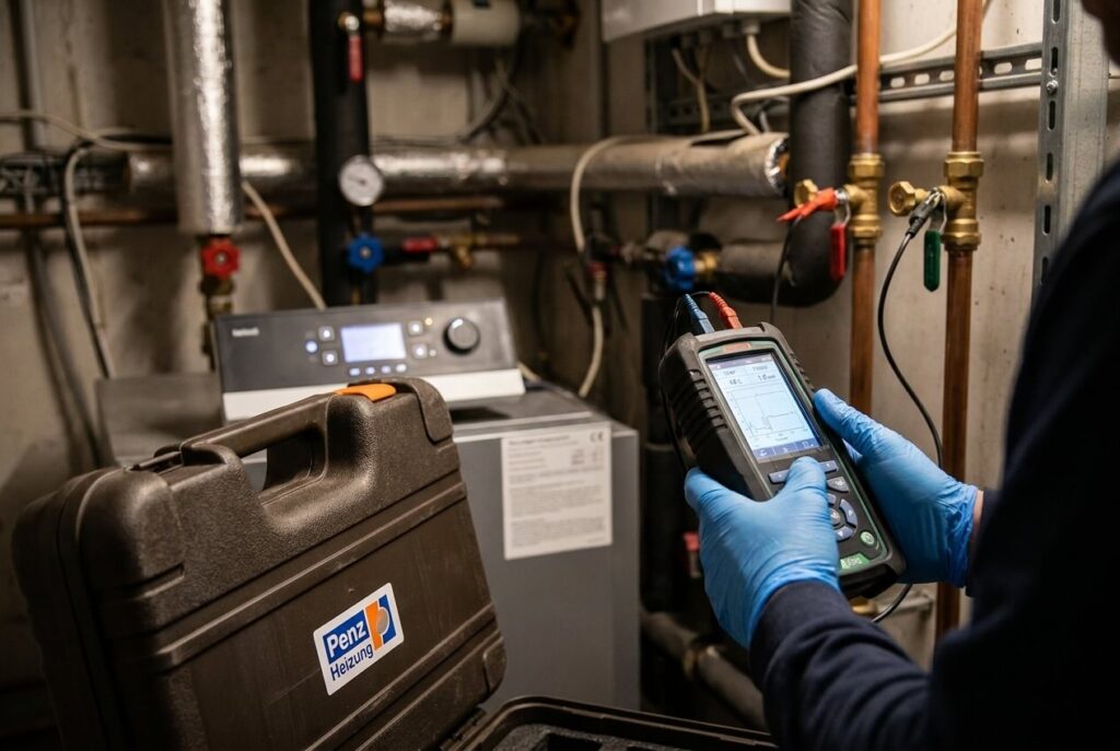 Heizungsinstallateur misst Temperatur und Betriebswerte an Heizungsrohren